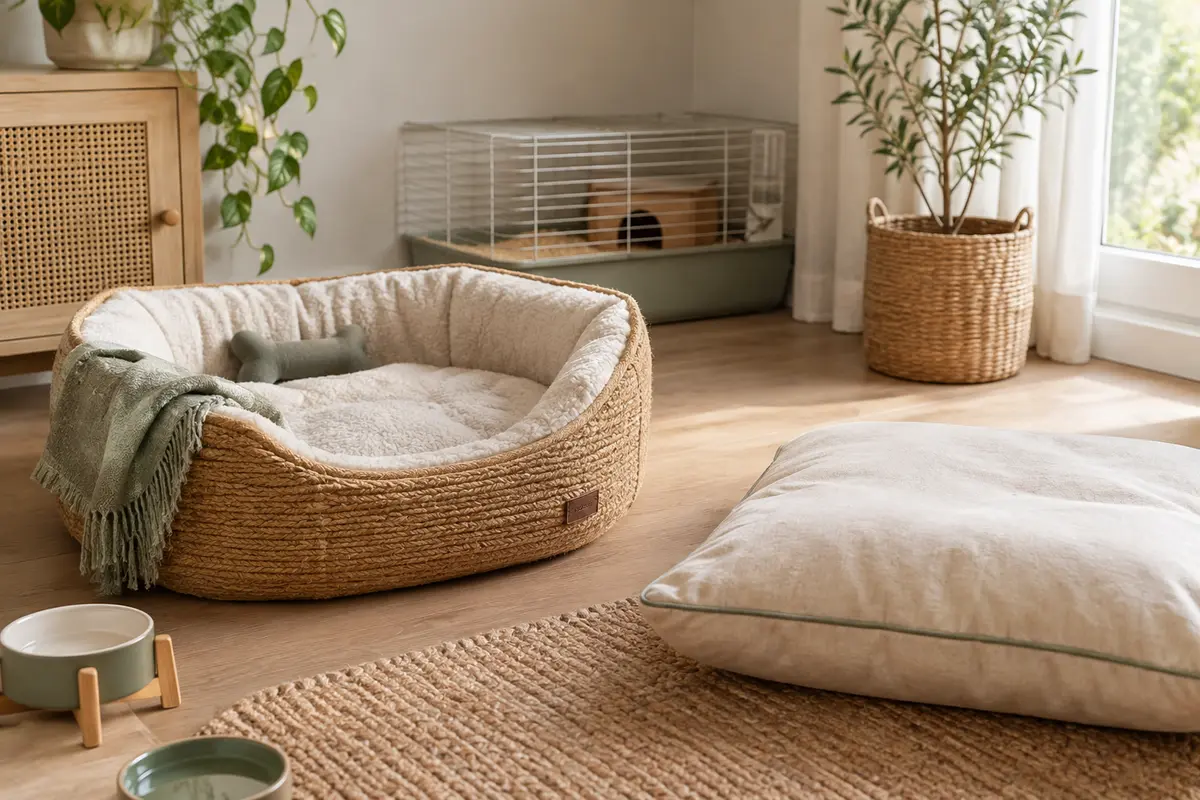Panier, coussin et habitat pour animaux réunis dans un coin repos lumineux