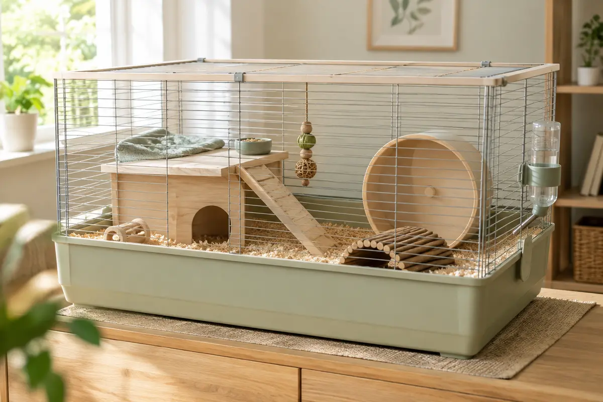 Cage aménagée pour petit rongeur avec plateforme et abri dans une pièce claire