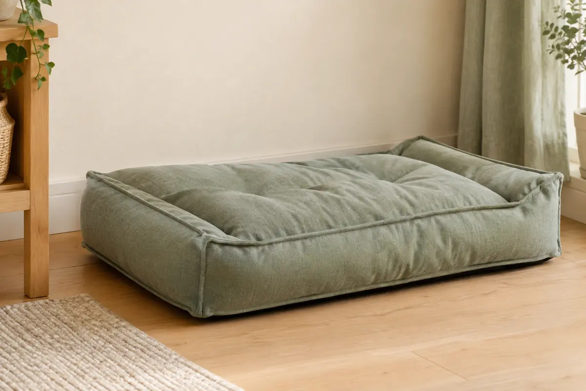 Coussin épais pour chien avec housse visible dans un coin repos clair