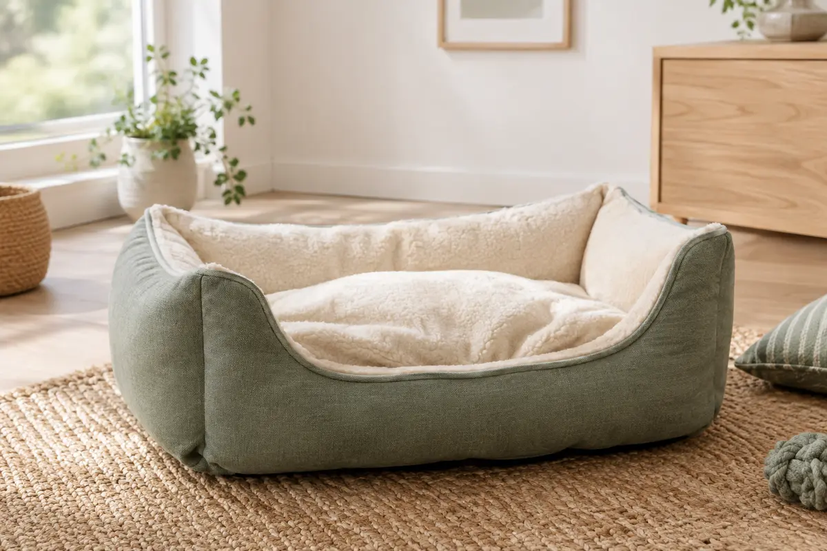 Panier pour chien à rebords souples posé sur un tapis dans un intérieur clair