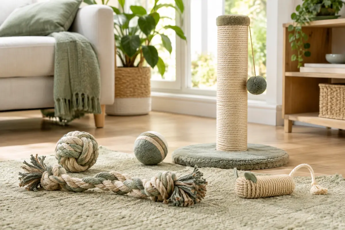 Jouets pour chiens et chats avec griffoir en sisal dans un salon clair