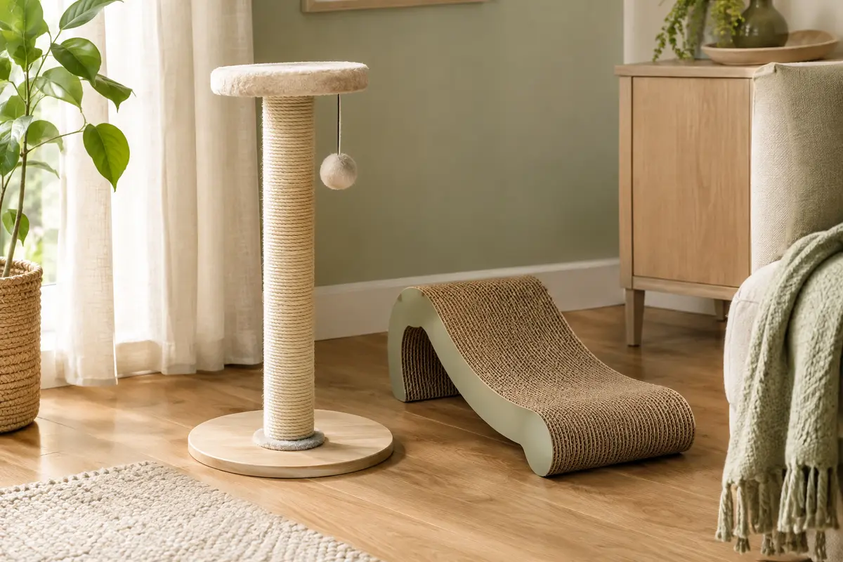 Griffoirs pour chat en sisal et en carton présentés dans un salon lumineux