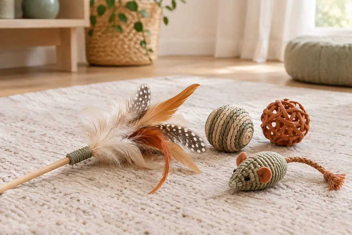 Plumeau et balles de jeu pour chat posés sur un tapis clair