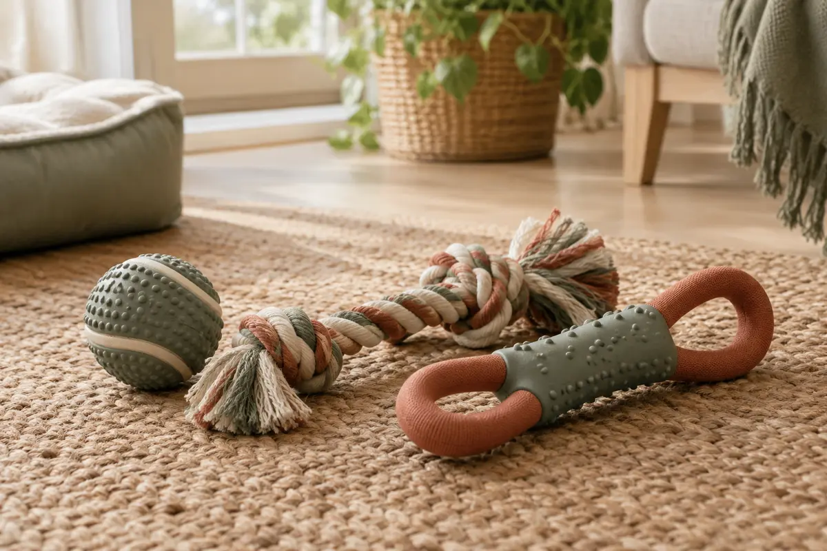 Balle, corde et jouet à lancer pour chien disposés sur un tapis naturel