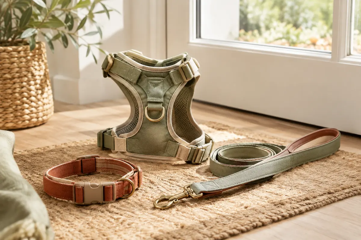 Harnais, laisse et collier pour chien présentés près d’une porte lumineuse