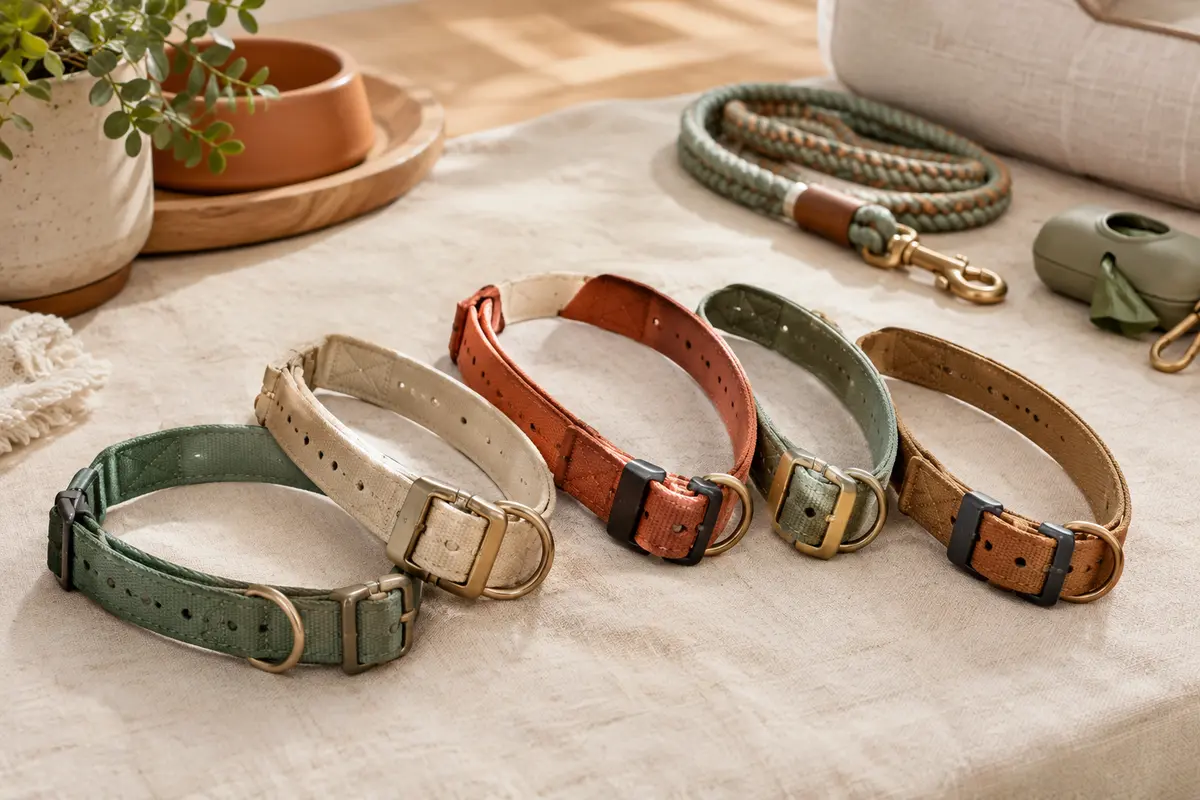 Colliers pour chien avec boucles et réglages posés sur un tissu crème