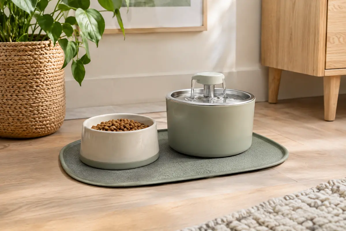 Gamelle et fontaine à eau installées dans un coin repas pour animaux