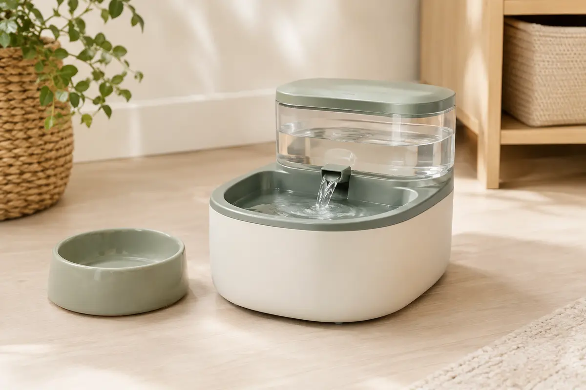 Fontaine à eau pour animaux avec réservoir visible dans un coin repas clair