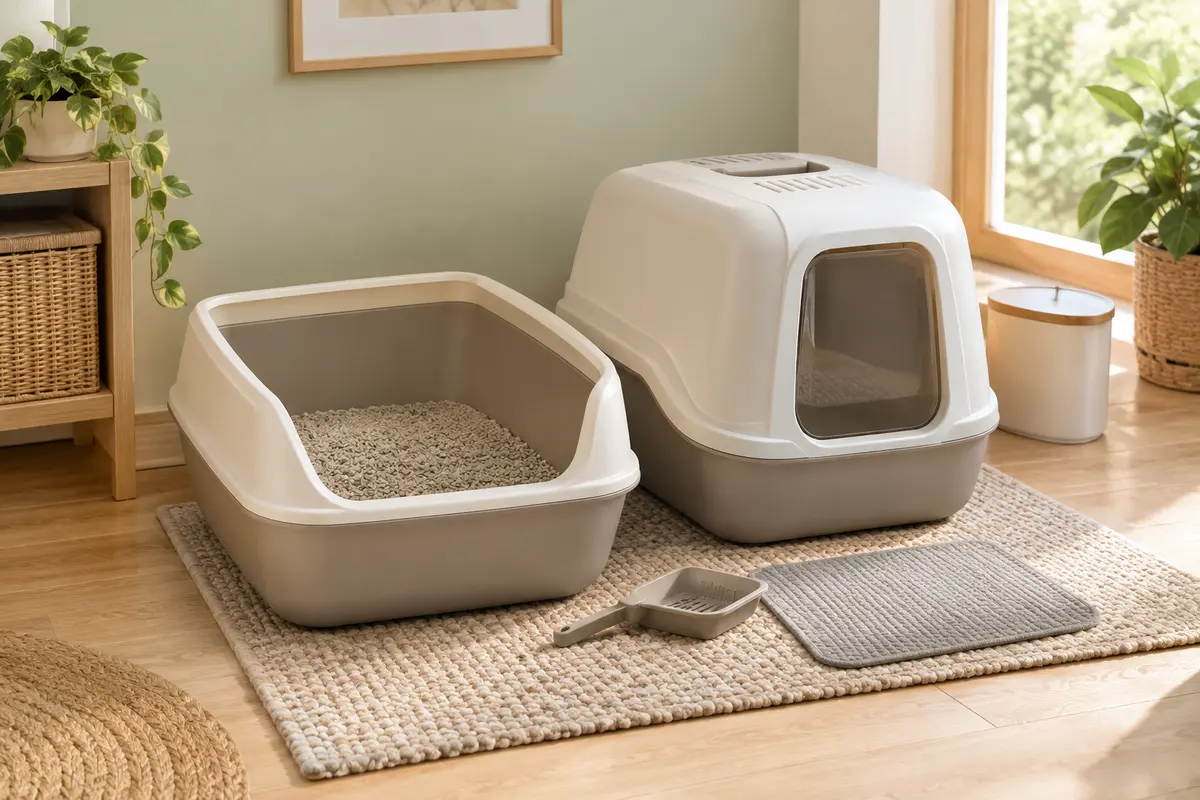 Bacs à litière pour chat ouverts et couverts dans un espace propre et clair