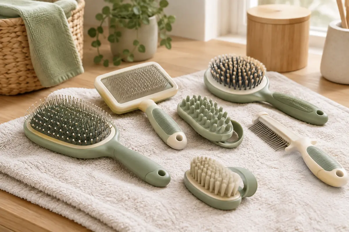 Brosses de toilettage pour chien et chat posées sur une serviette claire