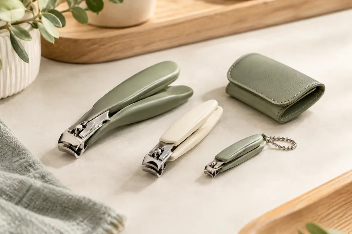 Coupe-griffes de plusieurs formats posés sur une surface claire