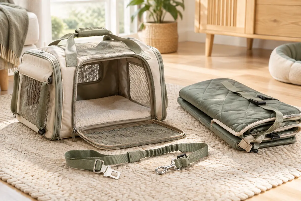 Sac de transport et accessoires de voiture pour animaux dans un intérieur clair