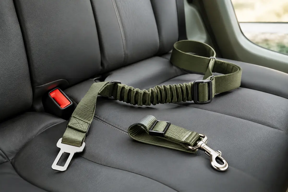 Ceinture de sécurité pour chien et attaches posées sur un siège de voiture