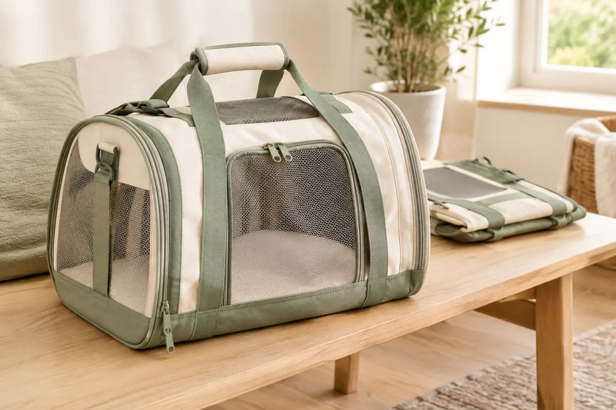 Sac de transport pour animal avec ouvertures aérées posé sur un banc clair