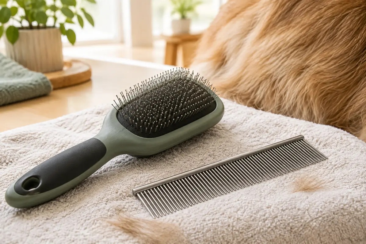 Brosse de toilettage et peigne posés près du pelage brun clair d’un chien