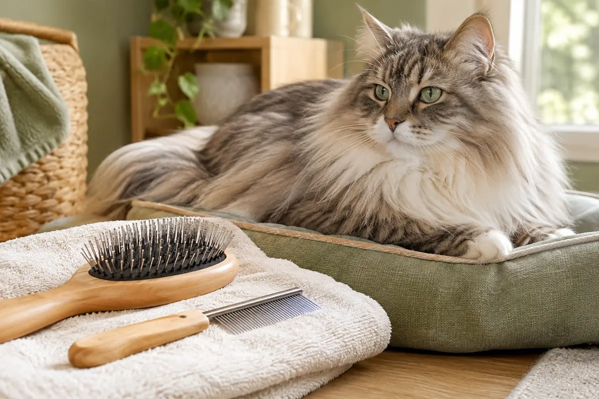 Chat à poil long installé calmement près d’une brosse et d’un peigne de toilettage