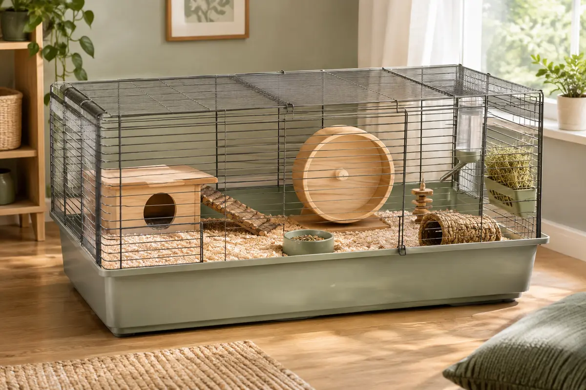 Cage ventilée pour rongeur avec cachette, litière et zones d’aménagement distinctes