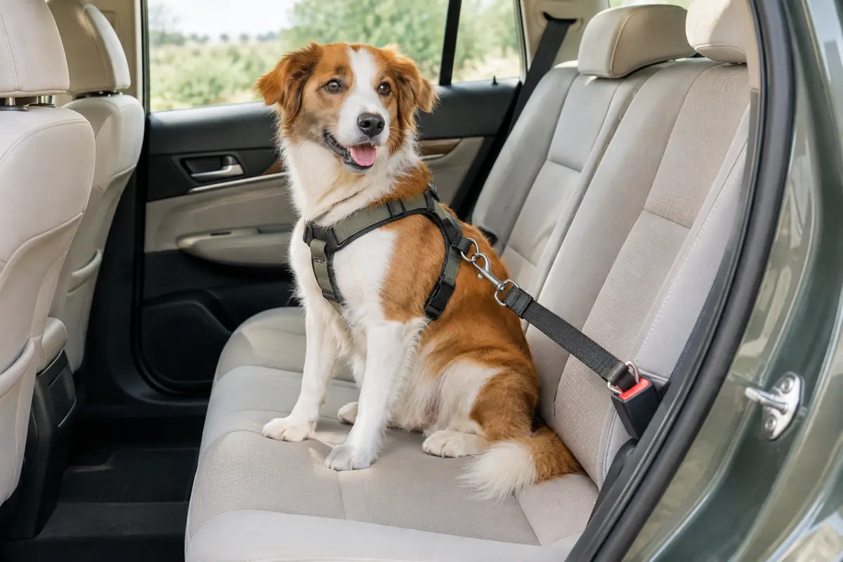 Chien installé sur la banquette arrière, relié par un harnais à une attache de voiture