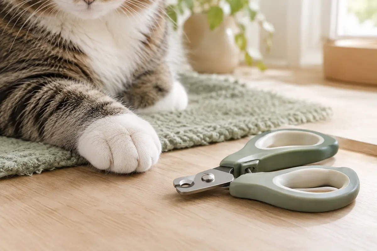 Coupe-griffes compact posé près de la patte d’un chat au repos