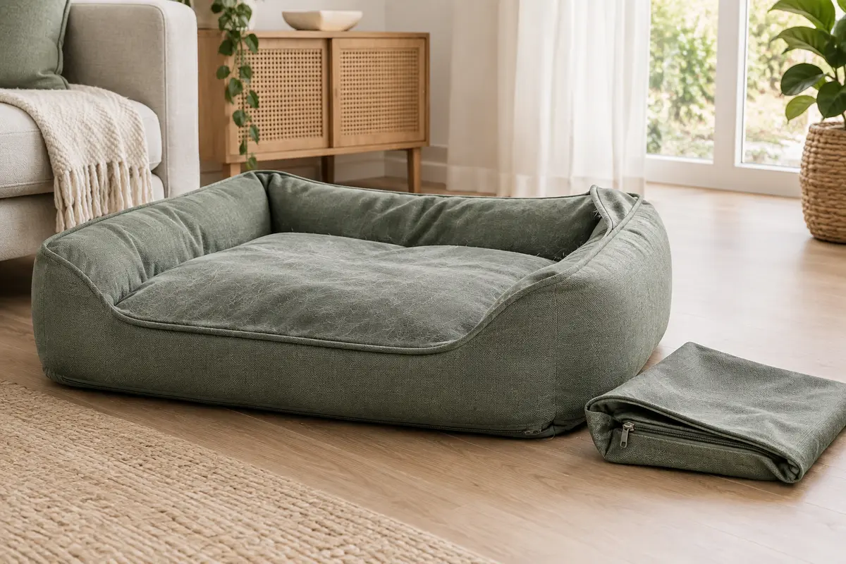 Coussin pour chien déhoussable avec quelques poils visibles et housse propre posée à côté