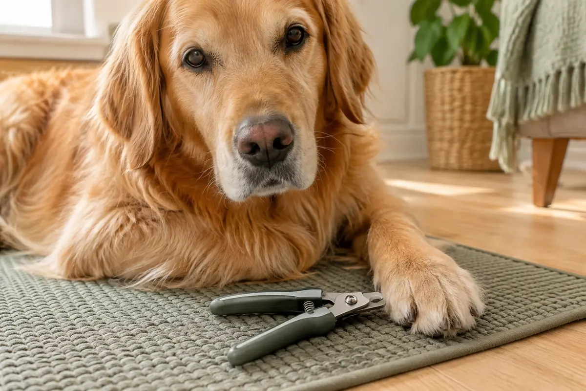 Patte de chien posée près d’un coupe-griffes fermé dans un intérieur calme et lumineux