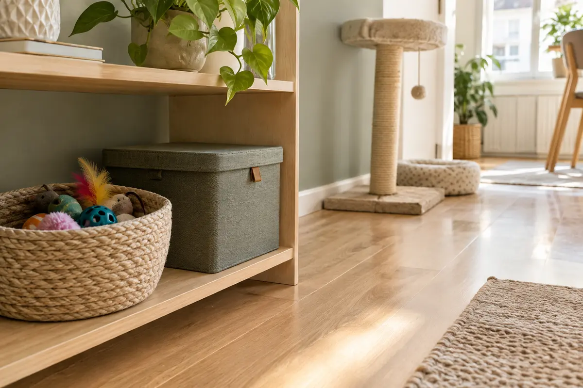 Panier de jouets pour chat près d’une boîte de rangement fermée dans un intérieur ordonné