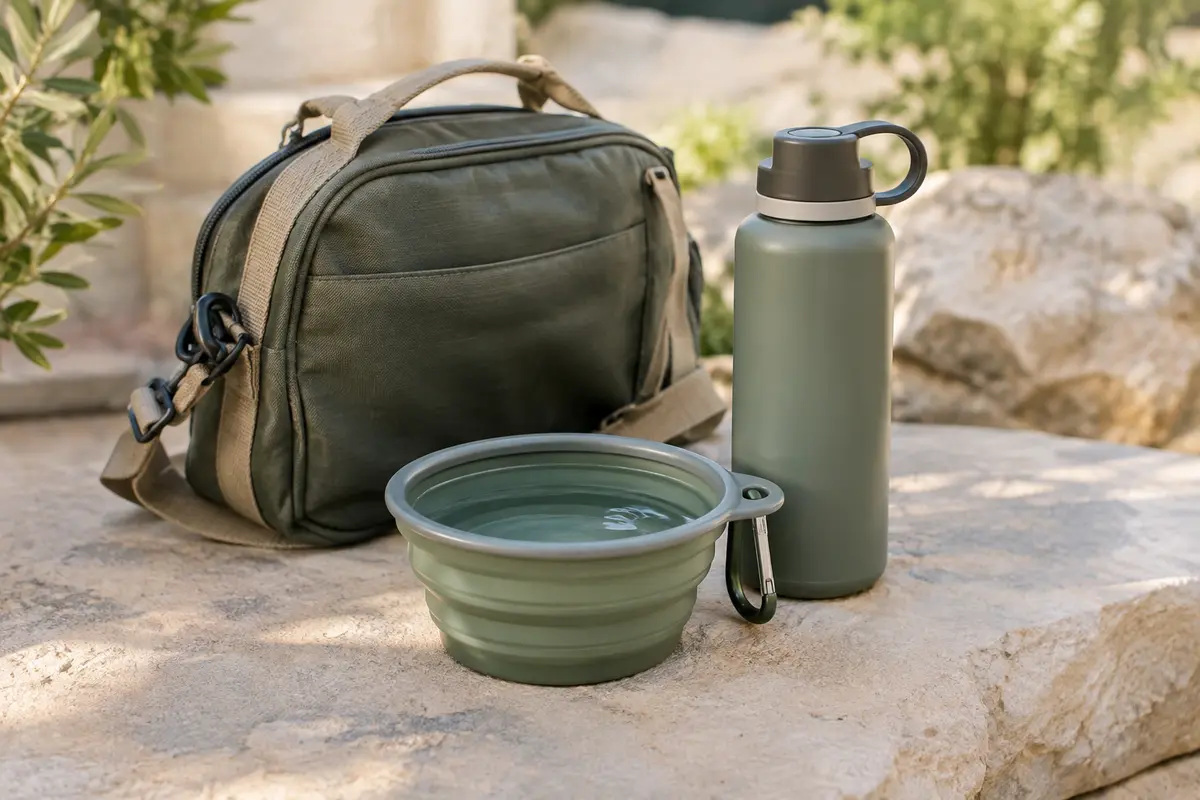 Gamelle pliable remplie d’eau près d’un sac de promenade, prête pour une sortie avec un chien.