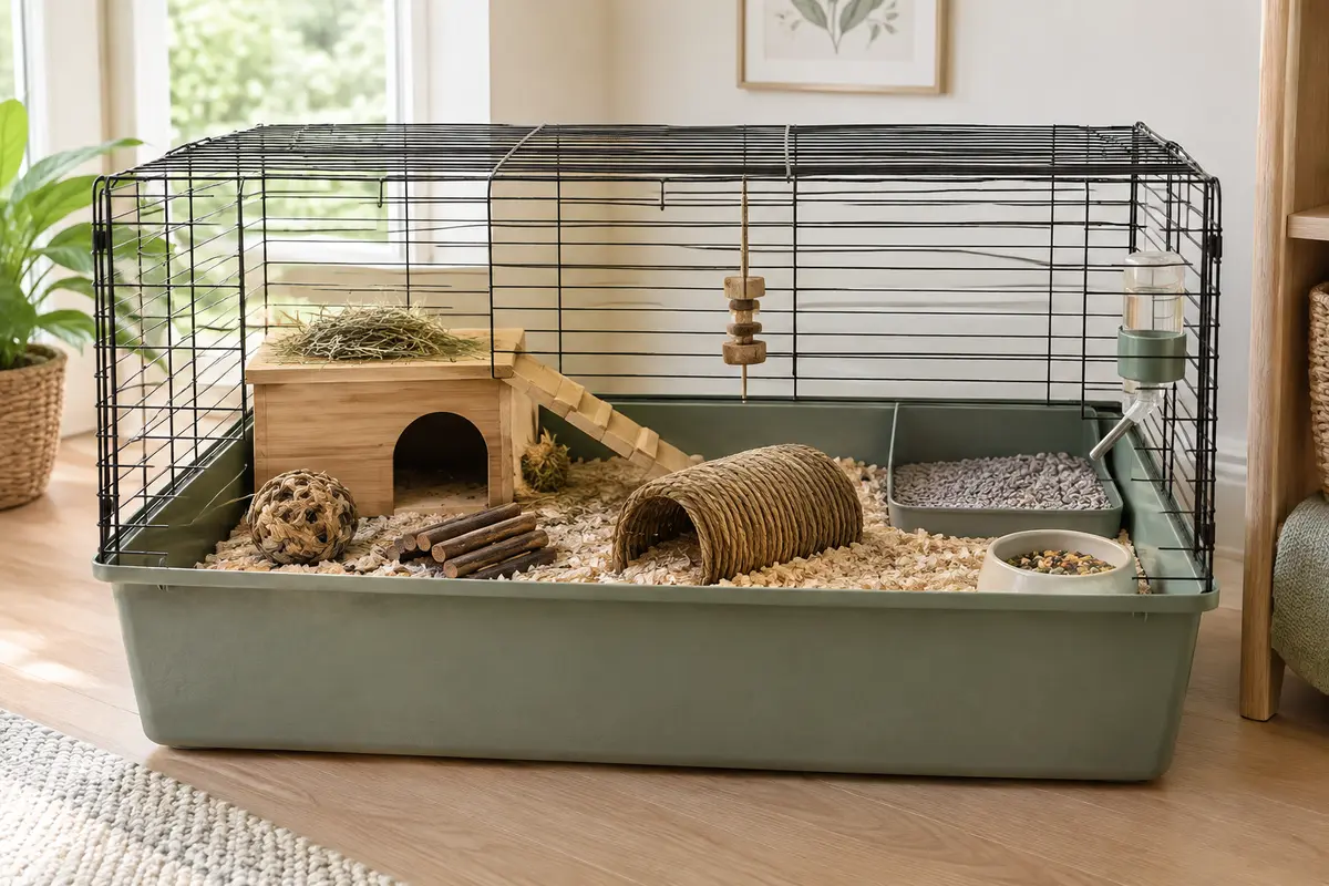 Cage de rongeur aménagée avec une cachette, une gamelle et des passages dégagés