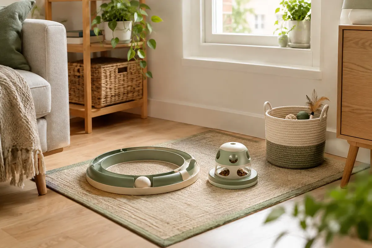 Circuit compact, balle et jouet distributeur rangés dans un coin de jeu pour chat en appartement.