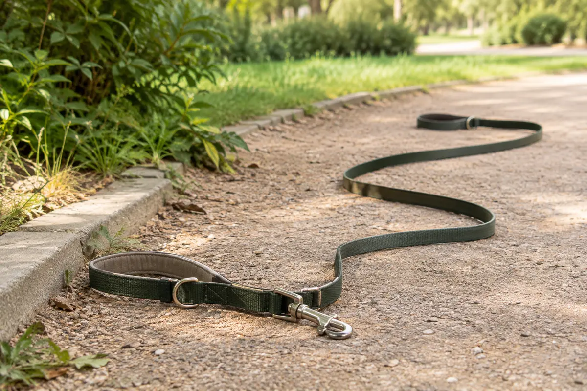 Laisse courte et longe posées sur un chemin de parc pour illustrer le choix de longueur selon la promenade.