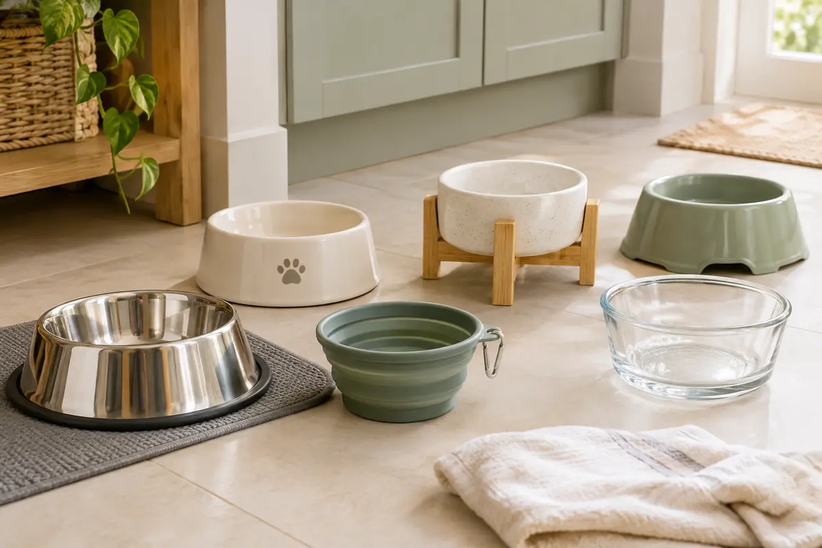 Gamelles pour chien et chat en inox, céramique, plastique, silicone et verre réunies sur un sol clair