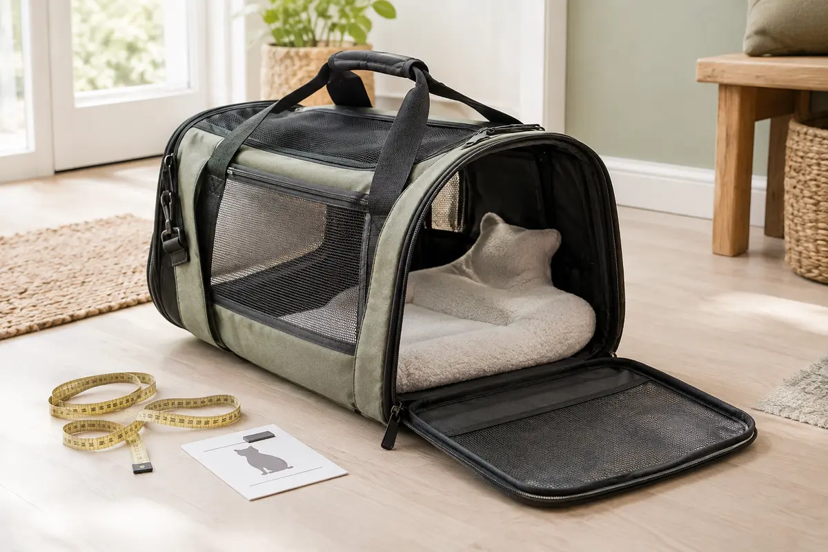 Sac de transport pour chat ouvert avec un mètre ruban posé à côté pour comparer ses dimensions.