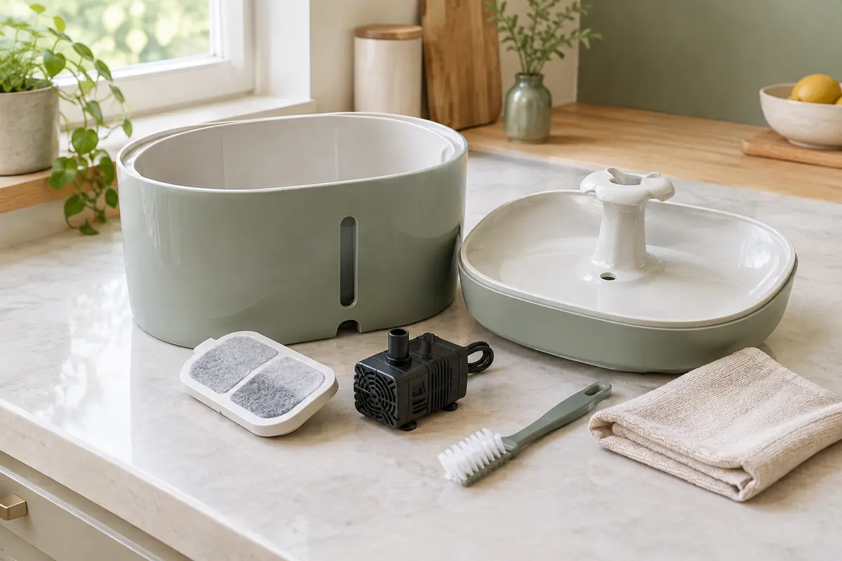 Fontaine à eau pour chat démontée avec sa cuve, son filtre et sa pompe prêts à être nettoyés.