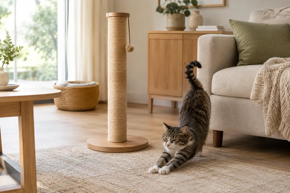 Chat qui s’étire près d’un griffoir stable placé à côté d’un canapé dans un salon lumineux.