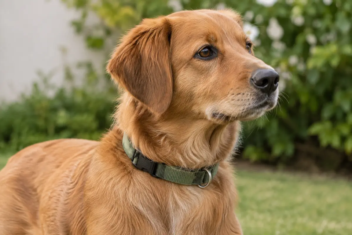 Chien portant un collier réglable bien positionné, avec une posture naturelle et le cou libre de ses mouvements.