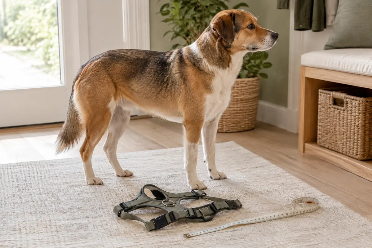 Harnais réglable et mètre ruban près d’un chien, pour illustrer la prise de mesure du poitrail.