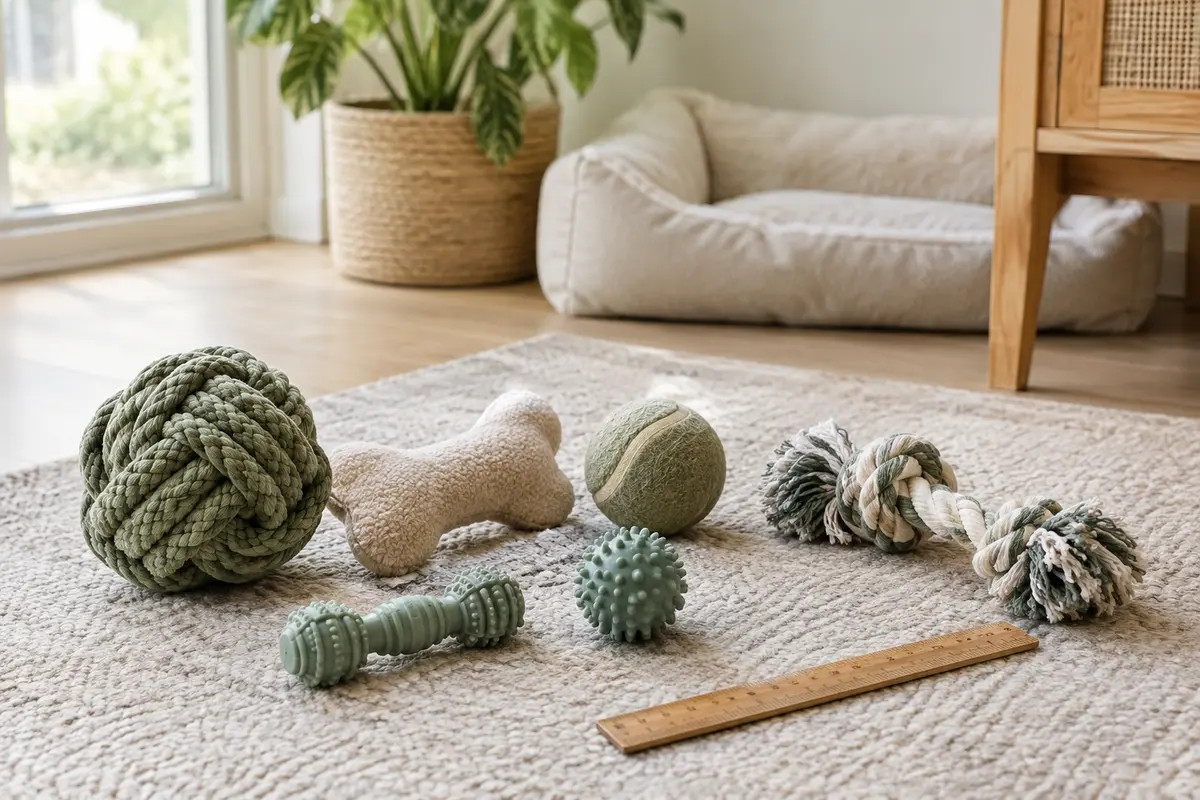 Jouets pour chien de plusieurs tailles disposés près d’une règle pour comparer leurs dimensions.