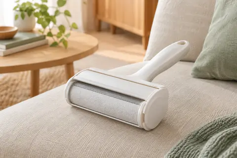 Rouleau blanc ACE2ACE avec compartiment de collecte, posé près d’un canapé en tissu clair.