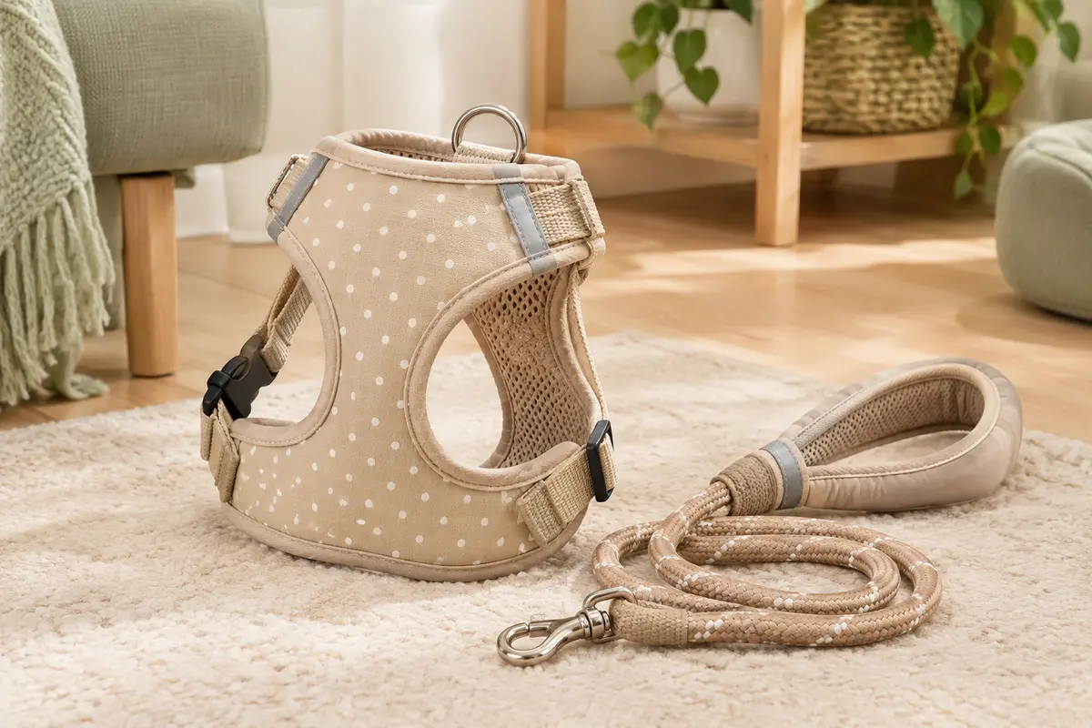 Harnais gilet beige à pois avec bandes réfléchissantes et laisse en corde de nylon