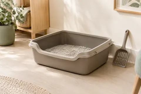 Bac à litière ouvert taupe avec rebord amovible et pelle, présenté dans un intérieur lumineux.