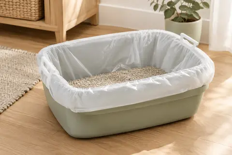 Sac blanc à poignées coulissantes placé dans un bac à litière propre, dans un intérieur lumineux.
