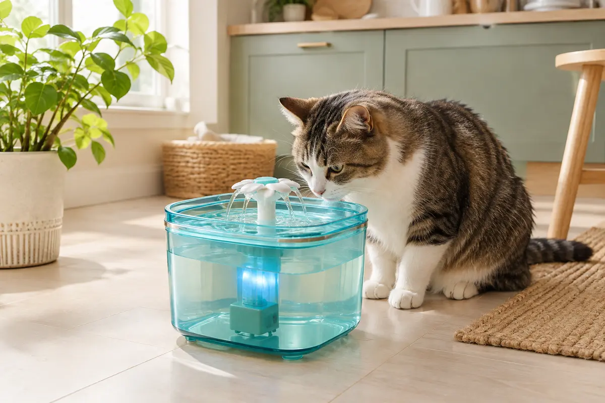 Fontaine à eau AONBOY cyan translucide avec LED et écoulement doux, posée dans un intérieur lumineux.