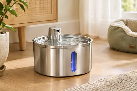 Fontaine à eau APAUK en inox argenté avec fenêtre de niveau et éclairage LED bleu, posée dans un intérieur lumineux.