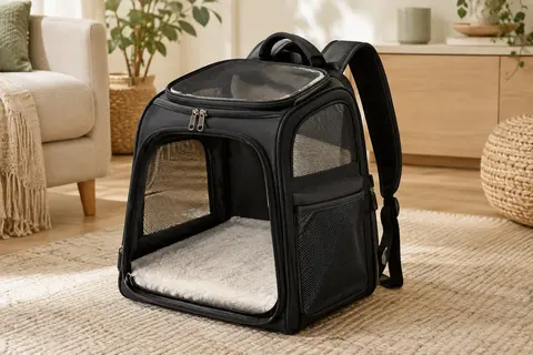 Sac à dos noir pour animaux avec panneaux en filet, fenêtre supérieure et tapis polaire amovible