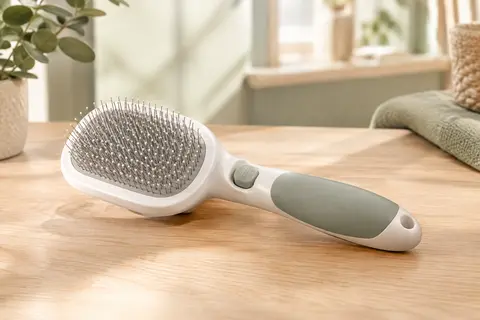 Brosse de toilettage Aumuca blanche avec poignée en caoutchouc, picots métalliques et bouton de nettoyage.