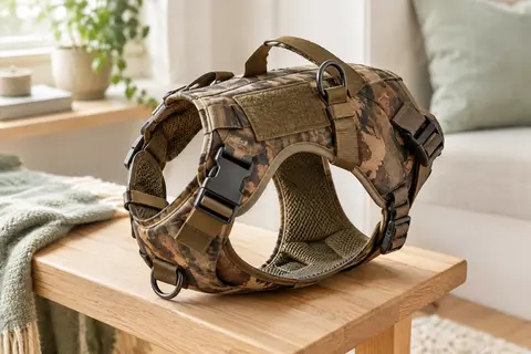 Harnais pour chien marron à motif camouflage avec sangles réglables, anneaux d’attache et doublure en maille