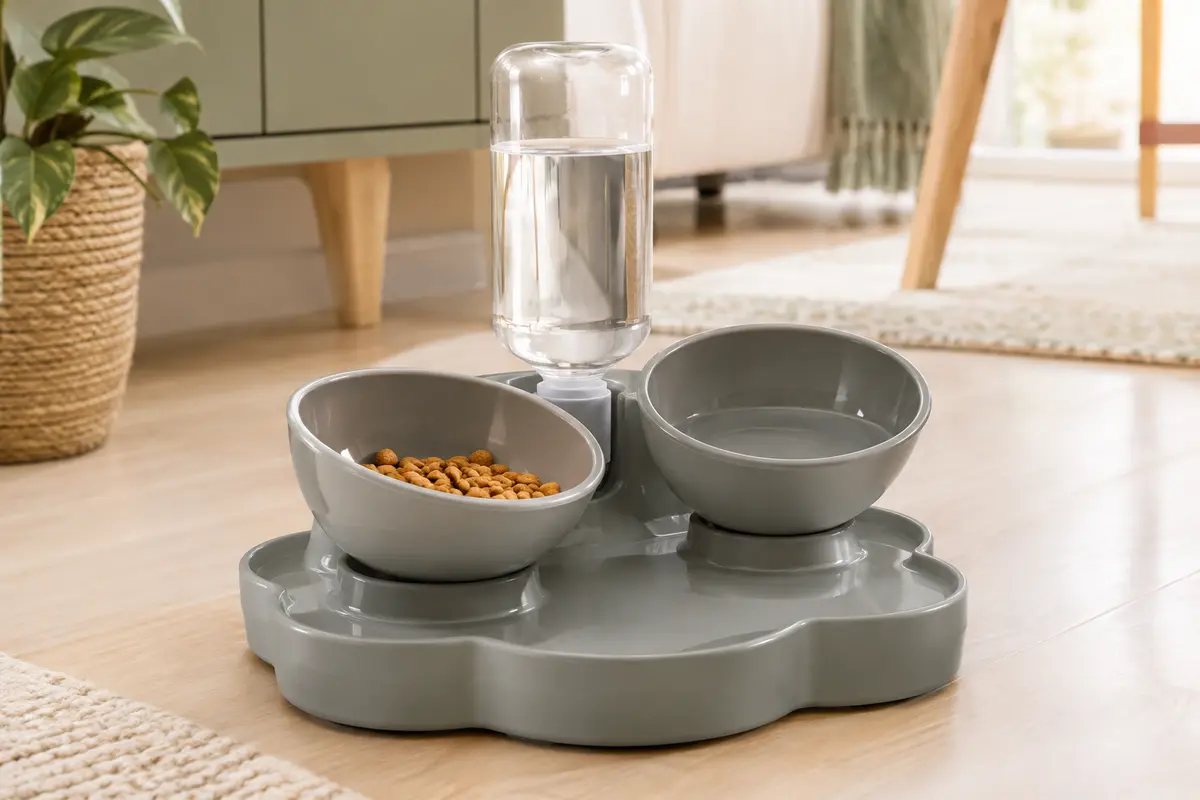 Gamelle grise inclinable pour chat avec deux bols, bouteille d’eau et base en forme de fleur