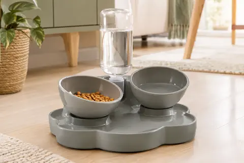 Gamelle grise inclinable pour chat avec deux bols, bouteille d’eau et base en forme de fleur