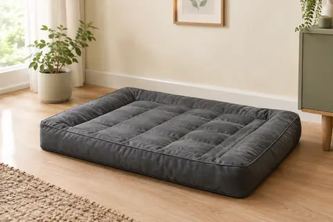 Matelas pour chien rectangulaire gris foncé en tissu Oxford, posé dans un intérieur lumineux au sol en bois clair.