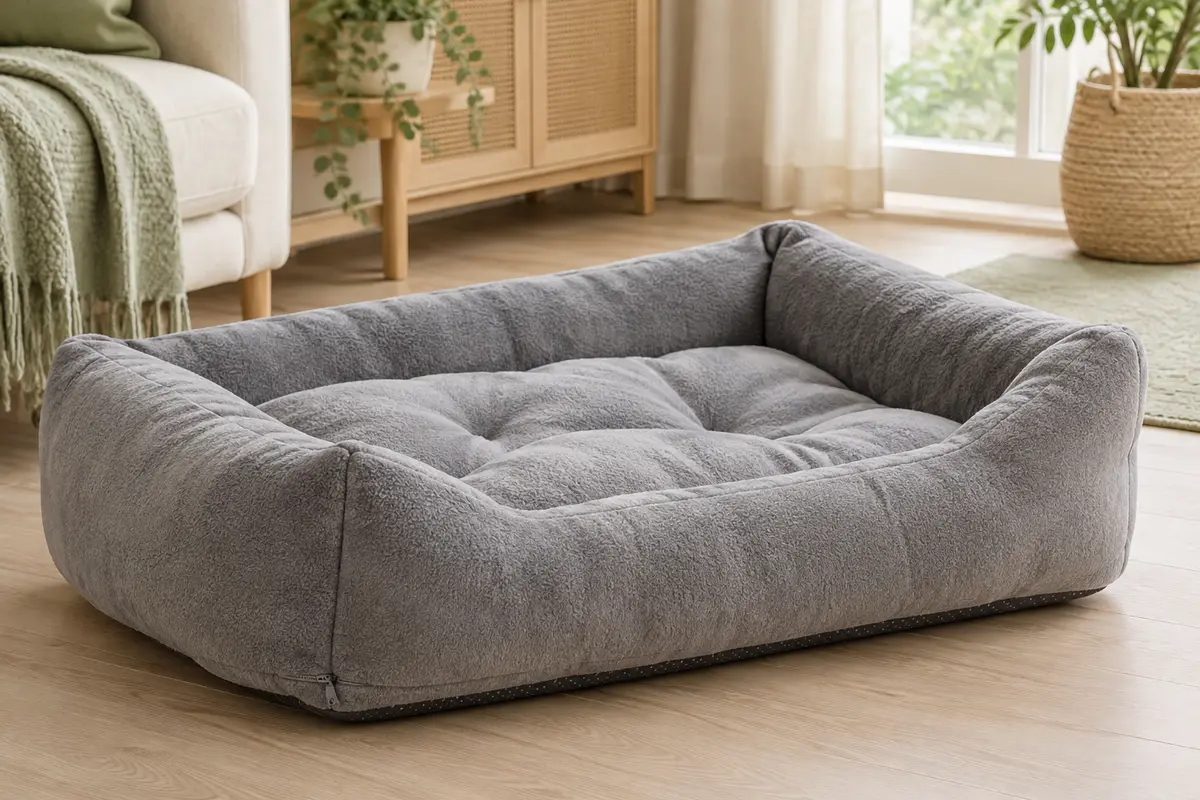 Panier canapé Bedsure gris pour chien, en tissu doux et rembourré, posé dans un intérieur lumineux.